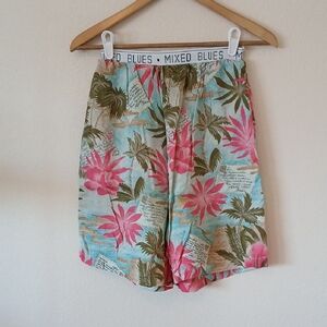 Vintage Mixed Blues Hawaiian Print Rayon Pull On Shorts